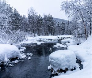 Preview wallpaper forest, river, snow, bridge, snowy
