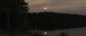 Preview wallpaper forest, river, trees, moon, evening, nature