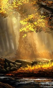 Preview wallpaper forest, river, trees, sunlight, art, nature