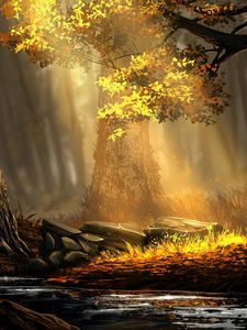 Preview wallpaper forest, river, trees, sunlight, art, nature