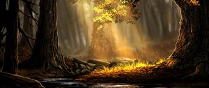 Preview wallpaper forest, river, trees, sunlight, art, nature