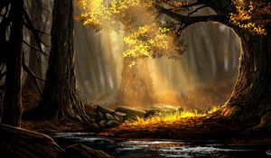 Preview wallpaper forest, river, trees, sunlight, art, nature