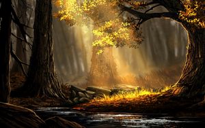 Preview wallpaper forest, river, trees, sunlight, art, nature