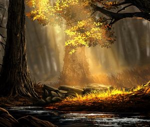 Preview wallpaper forest, river, trees, sunlight, art, nature