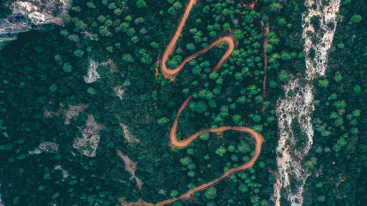 Wallpaper forest, road, aerial view, trees, mountains