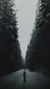Preview wallpaper forest, road, silhouette, snow, winter, dusk