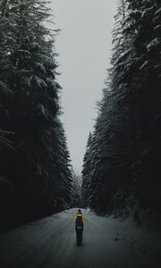 Preview wallpaper forest, road, silhouette, snow, winter, dusk