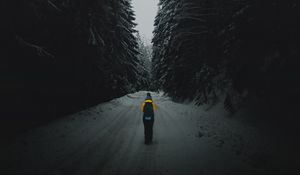 Preview wallpaper forest, road, silhouette, snow, winter, dusk