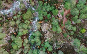 Preview wallpaper forest, rocks, aerial view, river, nature
