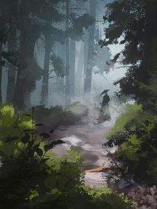 Preview wallpaper forest, silhouette, girl, canvas, art