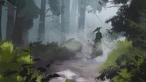 Preview wallpaper forest, silhouette, girl, canvas, art
