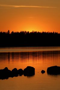 Preview wallpaper forest, silhouettes, lake, stones, twilight, dark, orange