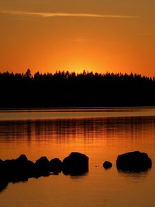 Preview wallpaper forest, silhouettes, lake, stones, twilight, dark, orange