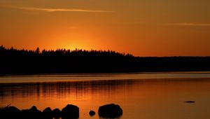 Preview wallpaper forest, silhouettes, lake, stones, twilight, dark, orange