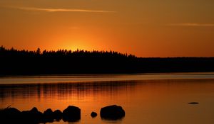 Preview wallpaper forest, silhouettes, lake, stones, twilight, dark, orange