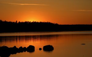 Preview wallpaper forest, silhouettes, lake, stones, twilight, dark, orange