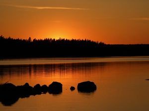 Preview wallpaper forest, silhouettes, lake, stones, twilight, dark, orange