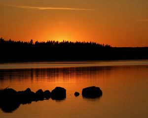 Preview wallpaper forest, silhouettes, lake, stones, twilight, dark, orange