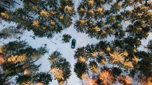 Preview wallpaper forest, snow, car, aerial view, winter