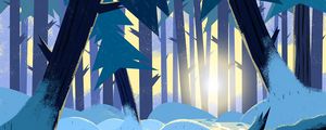 Preview wallpaper forest, snowdrifts, snow, rays, sun, art