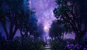 Preview wallpaper forest, starry sky, art, purple, fabulous