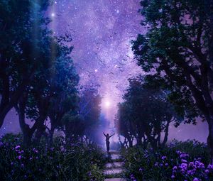 Preview wallpaper forest, starry sky, art, purple, fabulous