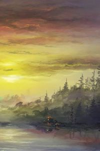 Preview wallpaper forest, sun, lake, house, landscape, art