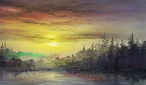 Preview wallpaper forest, sun, lake, house, landscape, art