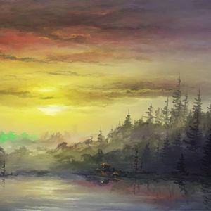 Preview wallpaper forest, sun, lake, house, landscape, art