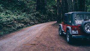 Preview wallpaper forest, suv, trees, road