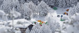 Preview wallpaper forest, tents, camping, snow, winter