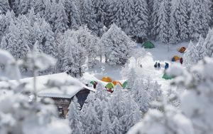 Preview wallpaper forest, tents, camping, snow, winter