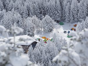 Preview wallpaper forest, tents, camping, snow, winter