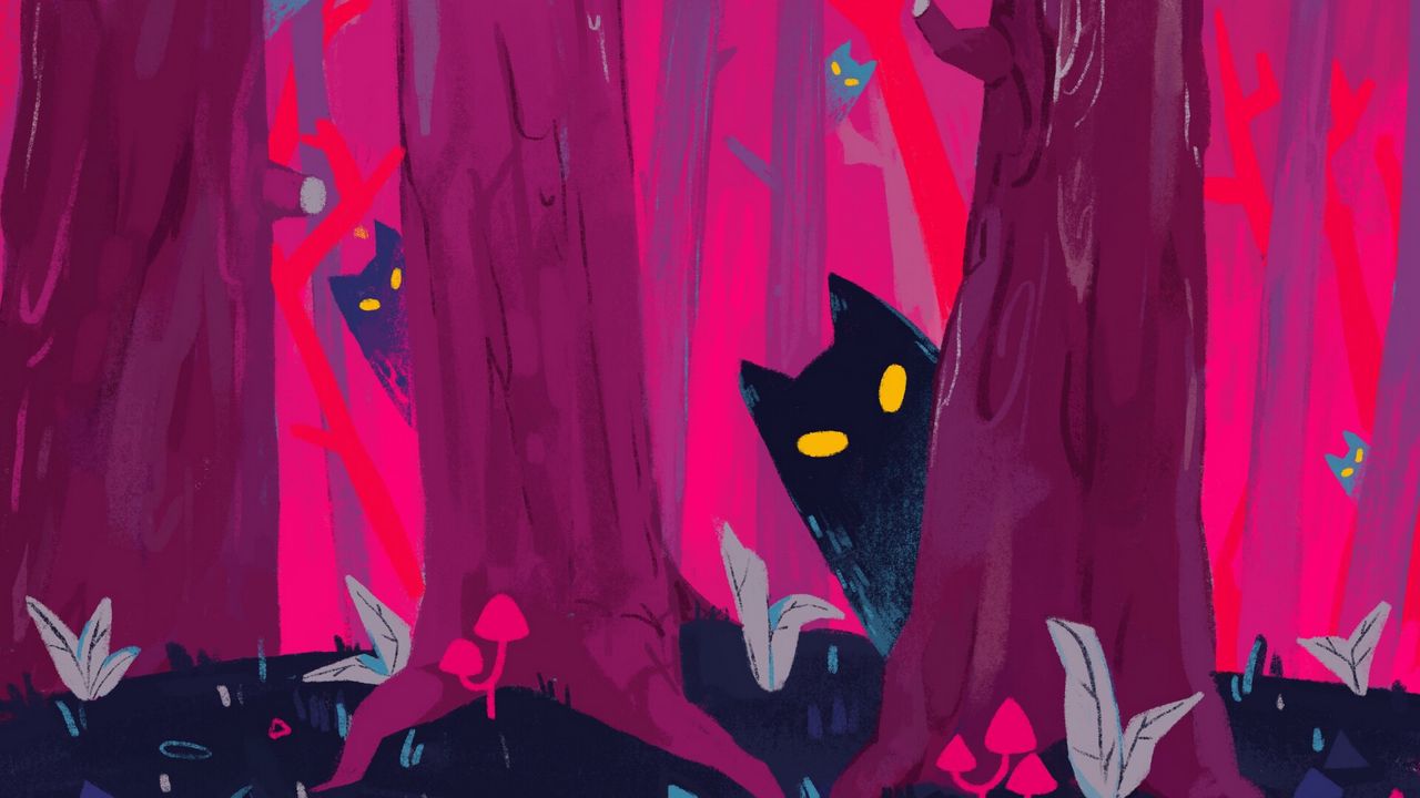 Wallpaper forest, trees, cats, silhouettes, art