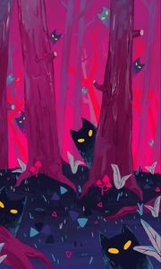 Preview wallpaper forest, trees, cats, silhouettes, art