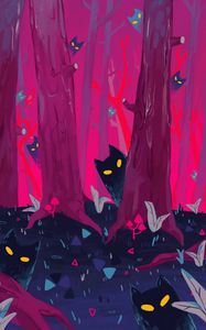 Preview wallpaper forest, trees, cats, silhouettes, art