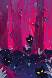 Preview wallpaper forest, trees, cats, silhouettes, art