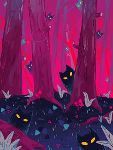 Preview wallpaper forest, trees, cats, silhouettes, art