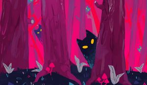 Preview wallpaper forest, trees, cats, silhouettes, art