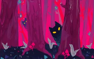 Preview wallpaper forest, trees, cats, silhouettes, art