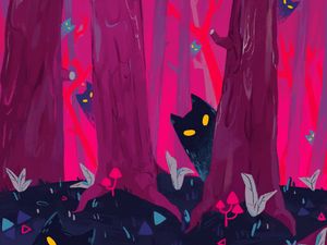 Preview wallpaper forest, trees, cats, silhouettes, art