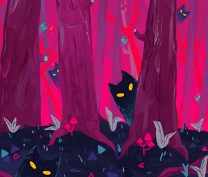 Preview wallpaper forest, trees, cats, silhouettes, art