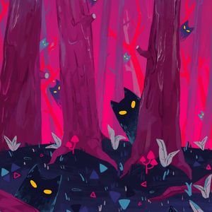 Preview wallpaper forest, trees, cats, silhouettes, art