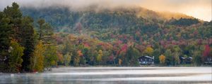 Preview wallpaper forest, trees, fog, house, lake, nature