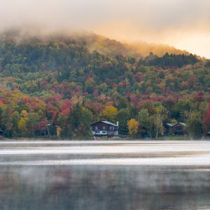 Preview wallpaper forest, trees, fog, house, lake, nature