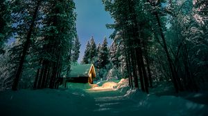 Preview wallpaper forest, trees, house, snow, winter