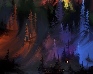 Preview wallpaper forest, trees, house, lights, art