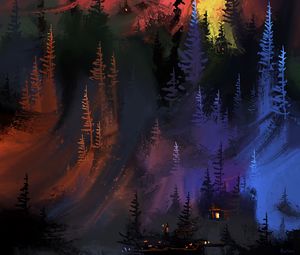 Preview wallpaper forest, trees, house, lights, art
