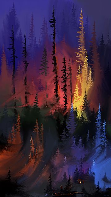 360x640 Wallpaper forest, trees, house, lights, art