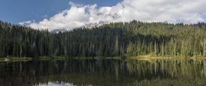 Preview wallpaper forest, trees, lake, reflection, clouds, nature